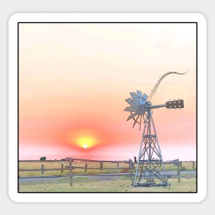 Farm Scene with Rustic Windmill Playing into the Sunset Sticker